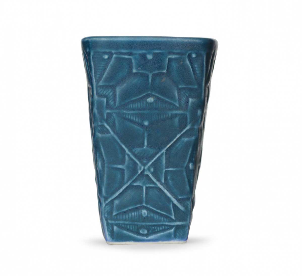 Blue ceramic vase with geometric design