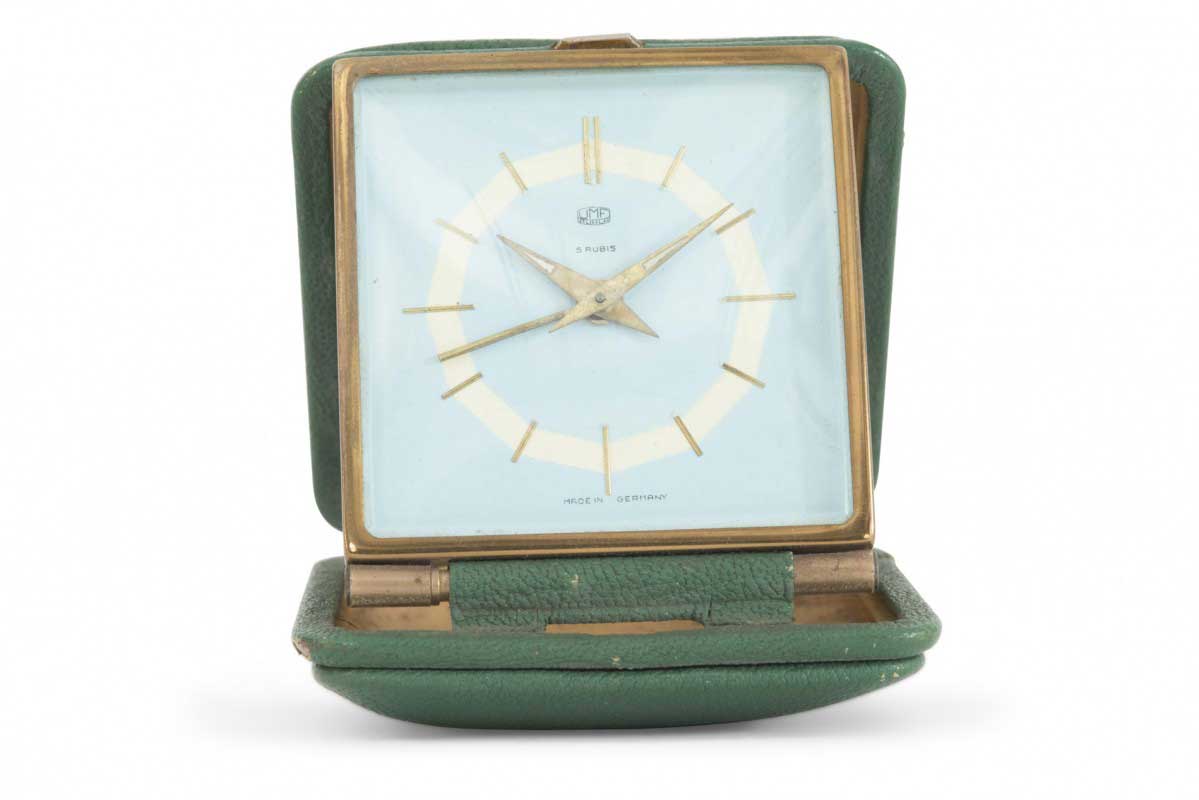 Mid century green leather alarm clock