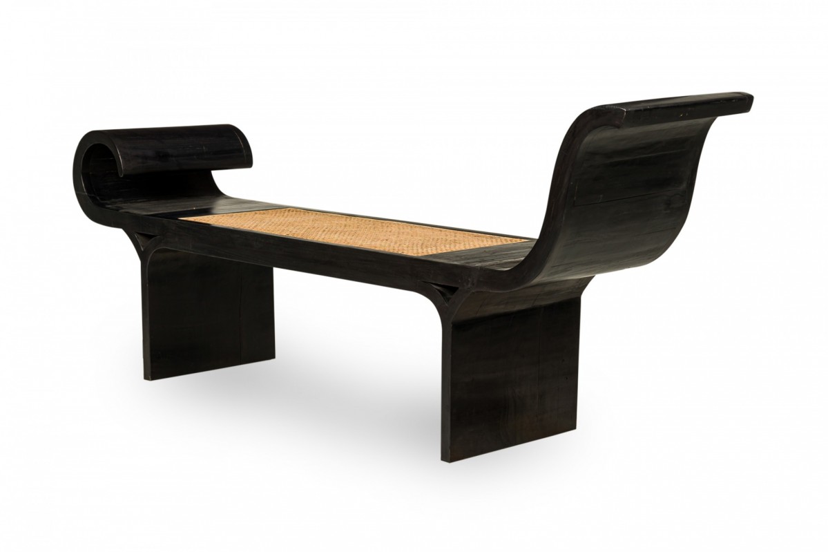 Mid century ebonized wood scrolled side caned seat bench