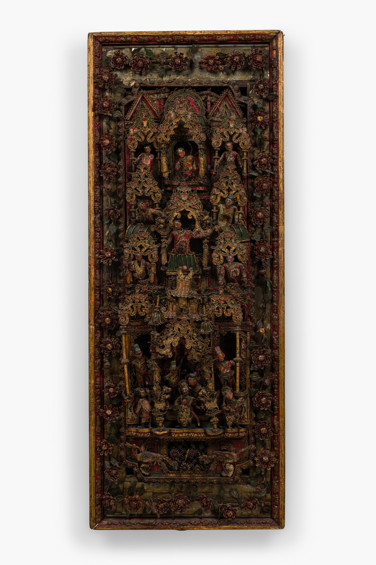 Chinese ornate polychrome basketwork diorama panel