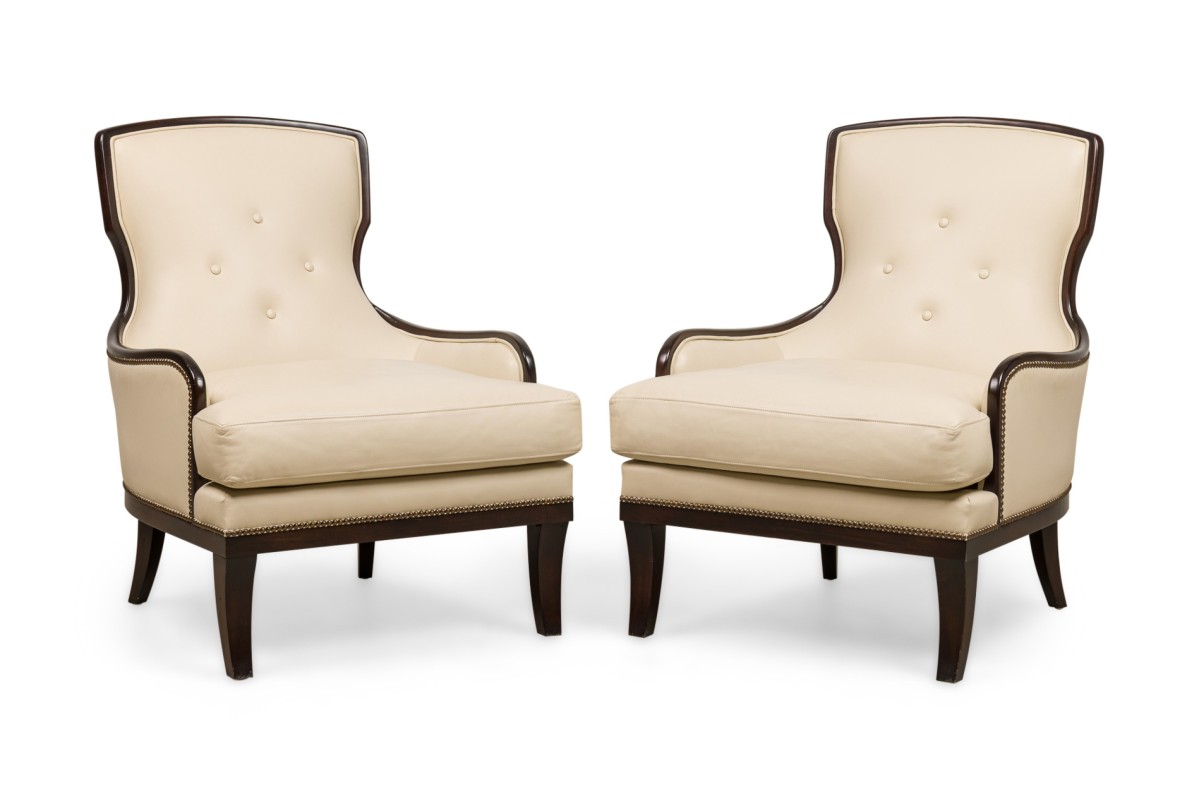 English tudor style white leather wingback chairs