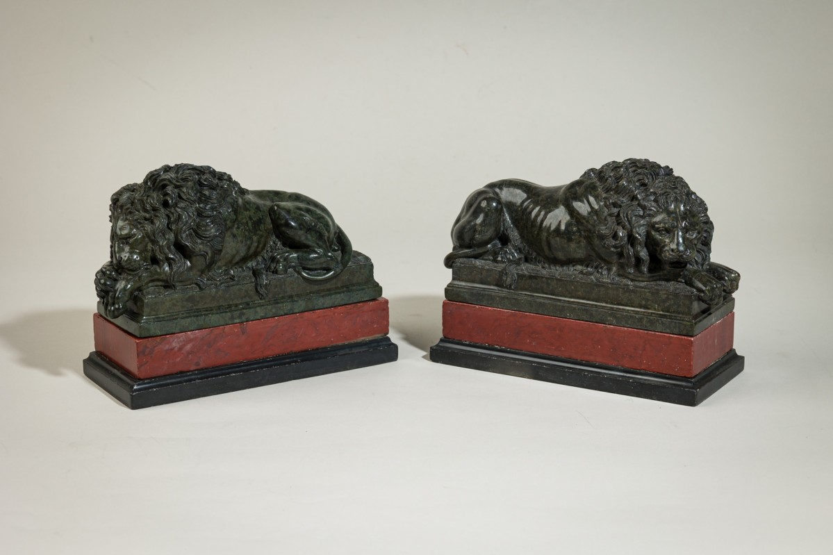 Pair grand tour green marble recumbent lions