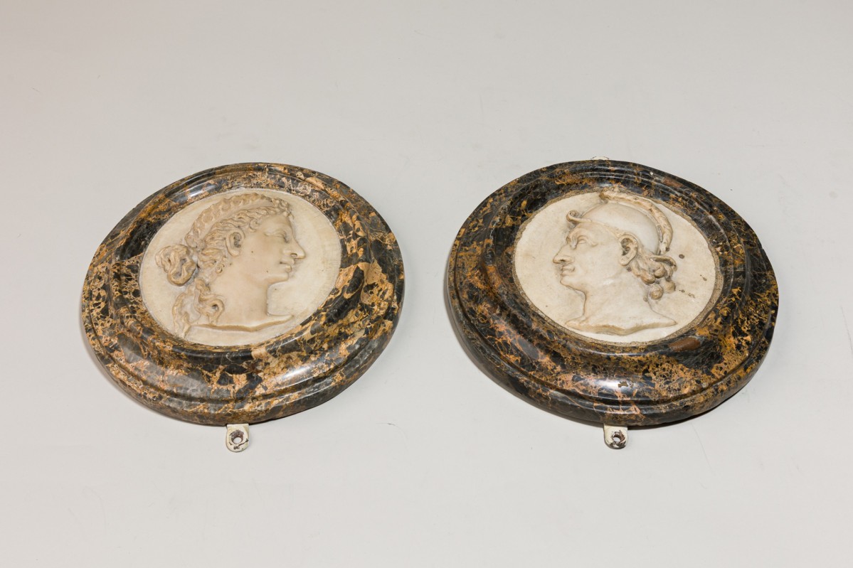 Pair italian carved white marble portrait roundels