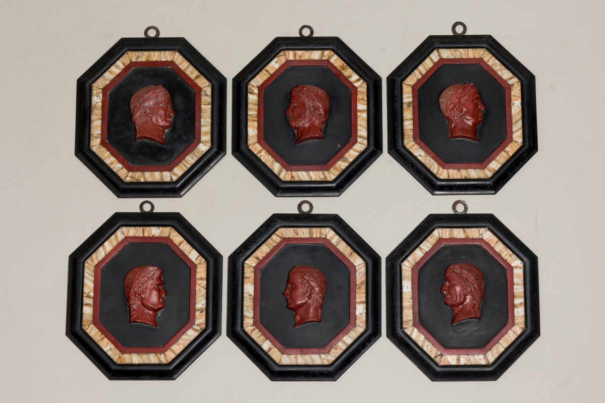 Set of 6 grand tour marble and porphyry relief plaques