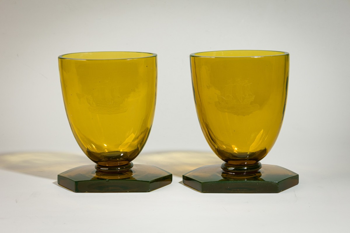 Pair of steuben attrib engraved bristal yellow vases