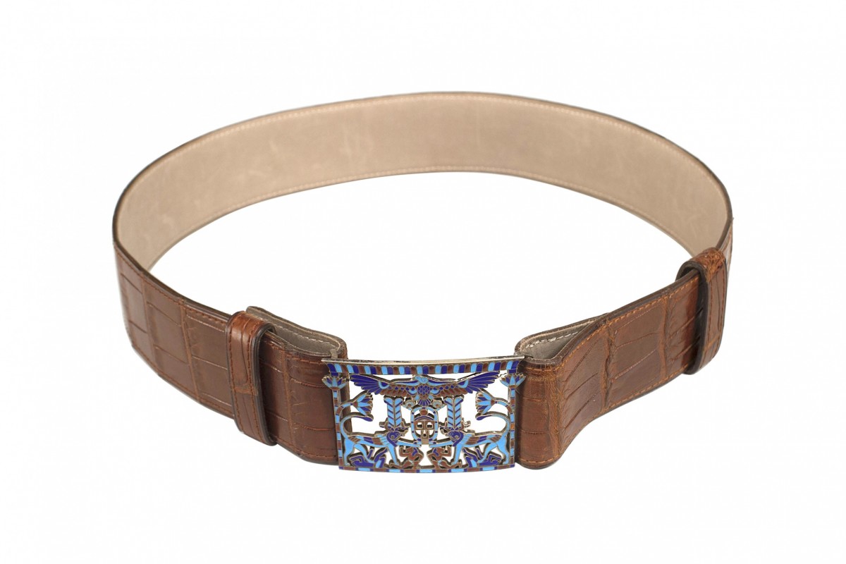 French art deco crocodile belt with cloisonne buckle
