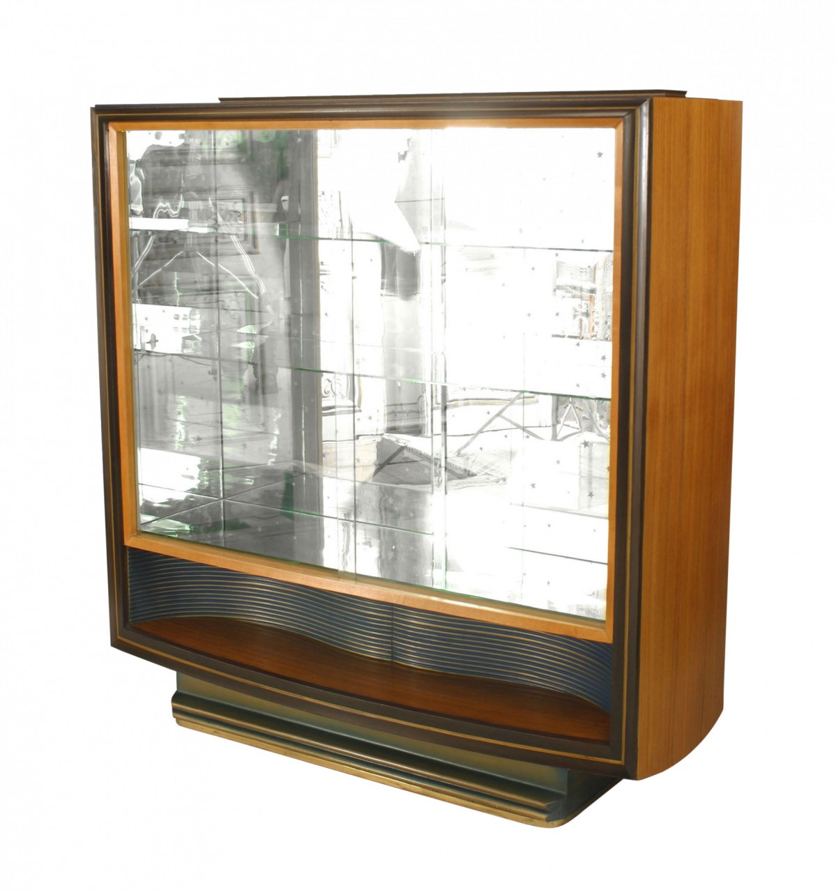 Italian Mid Century walnut maple vitrine cabinet