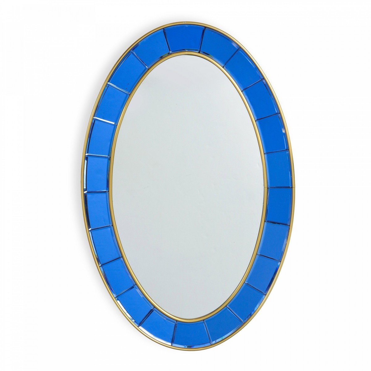 Cristal art italian mid century oval faceted blue glass and brass wall