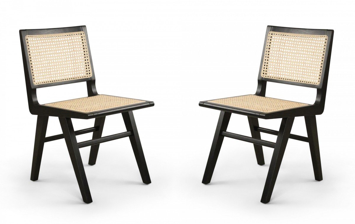 5 french mid century black finished wood and cane dining chairs