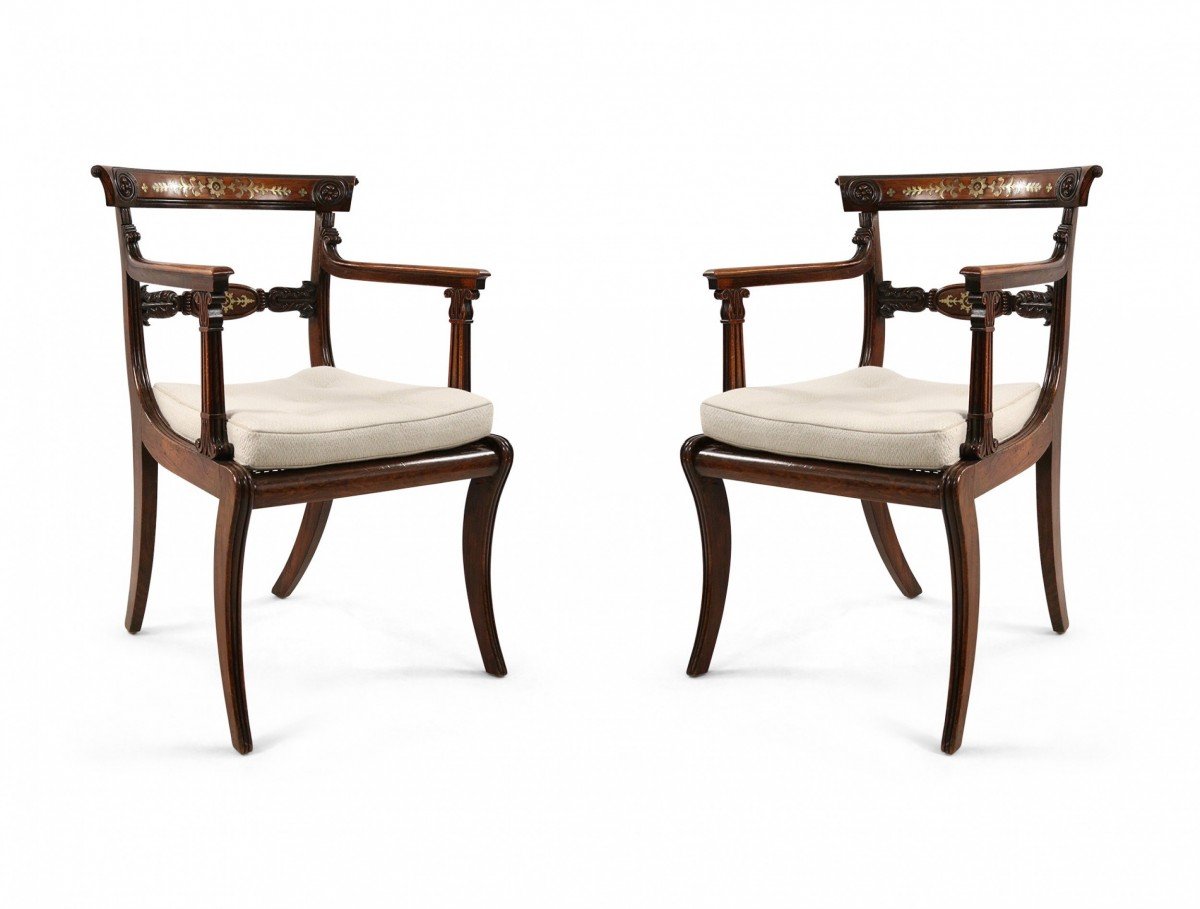 English regency brass inlaid oak and cane armchair