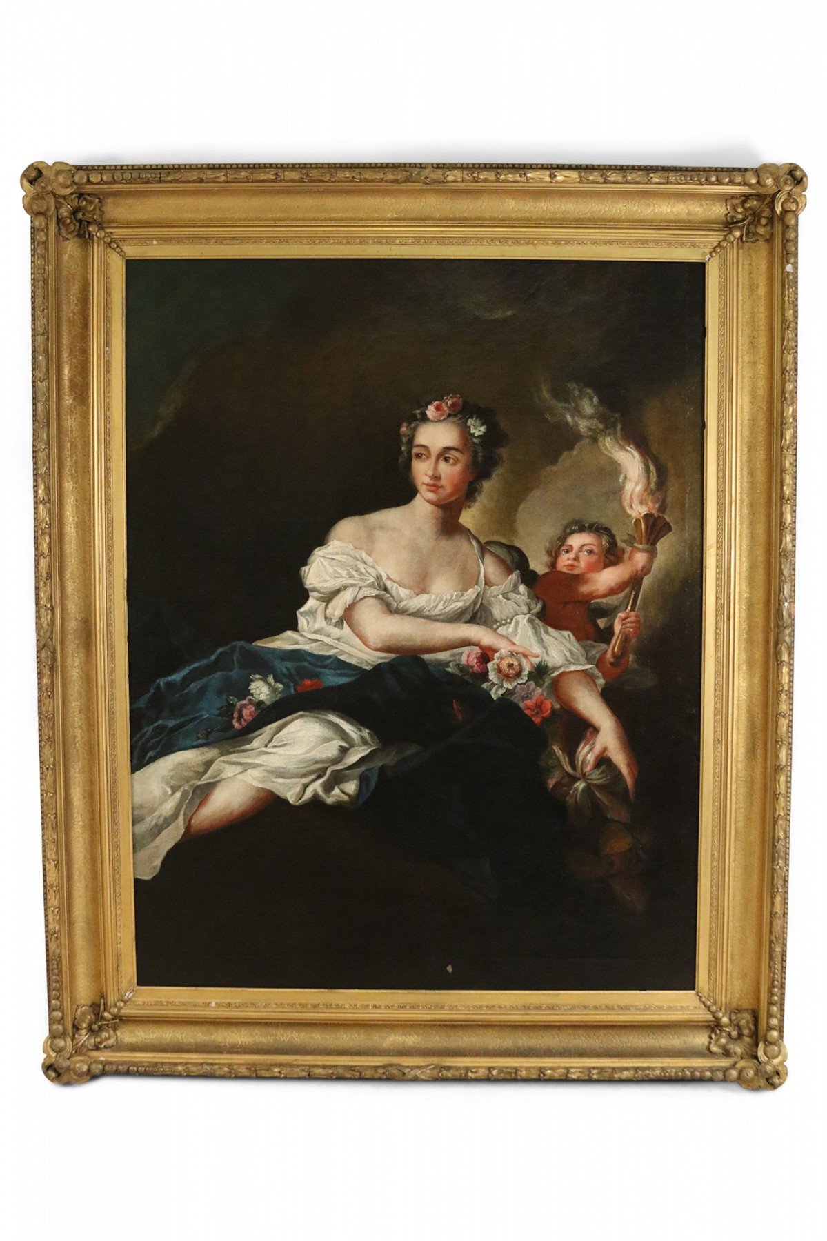 Framed Antique French Portrait of a Woman and Child Holding a Torch