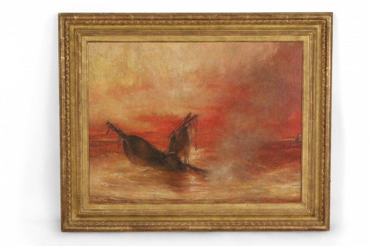 Framed Antique French Oil Painting of a Burning Shipwreck at Sunset