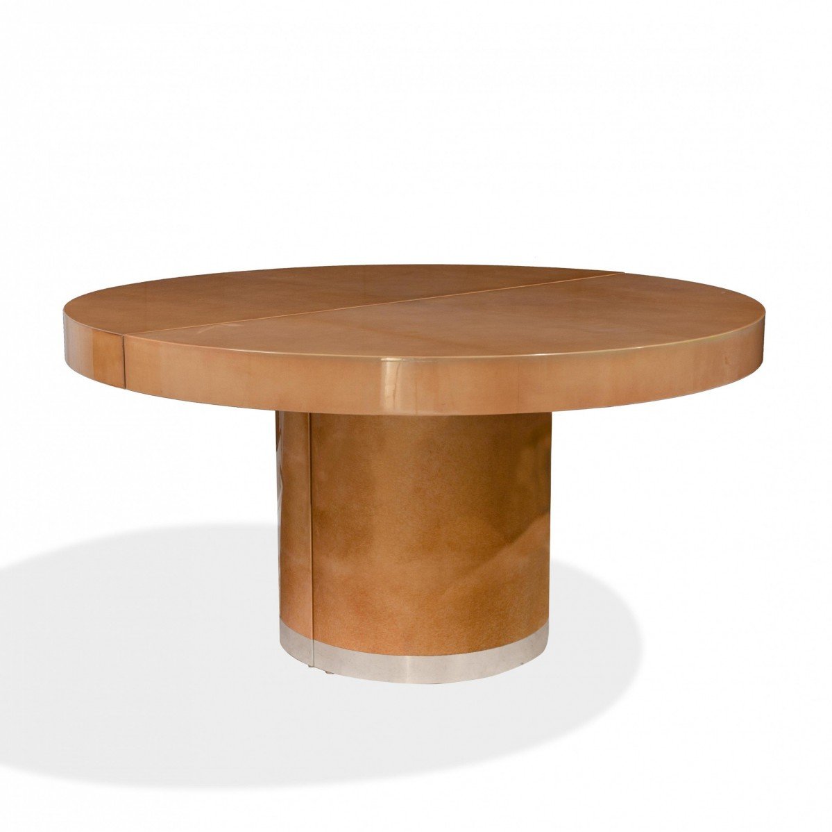 Aldo Tura Italian Mid Century Circular Goatskin Dining Table with Leaves