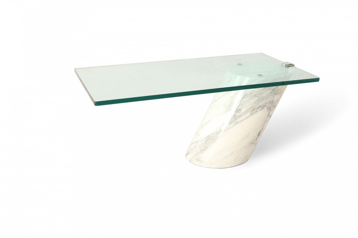 Ronald Schmitt Bruelton White Carrara Marble and Glass Coffee Table