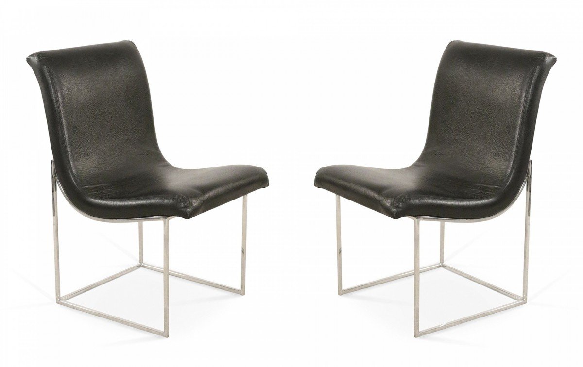 4 mid century milo baughman chrome and black vinyl dining chairs