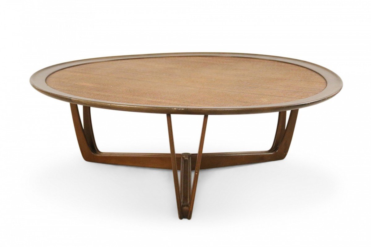Mid century american wooden frame wicker top coffee table