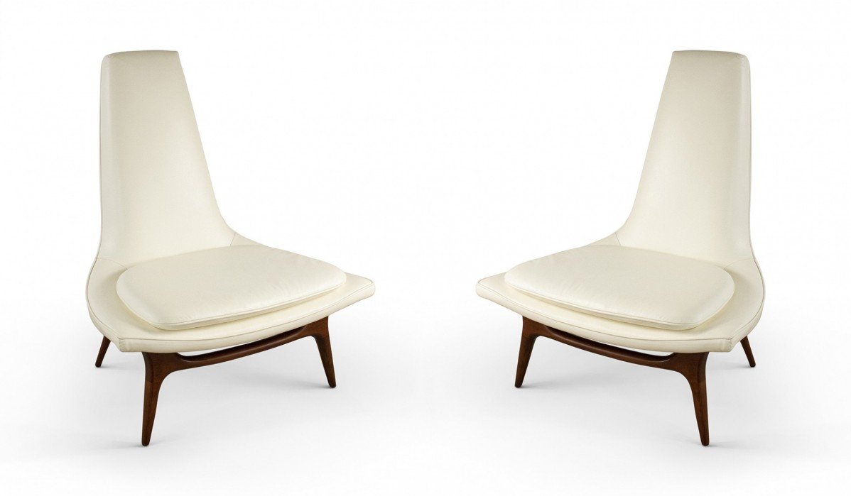 Pair of mid century karpen walnut lounge chairs with white vinyl