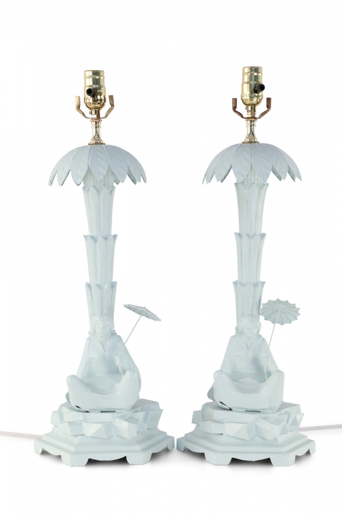 Pair of Chinese Blue Tole Palm Tree and Woman Table Lamps