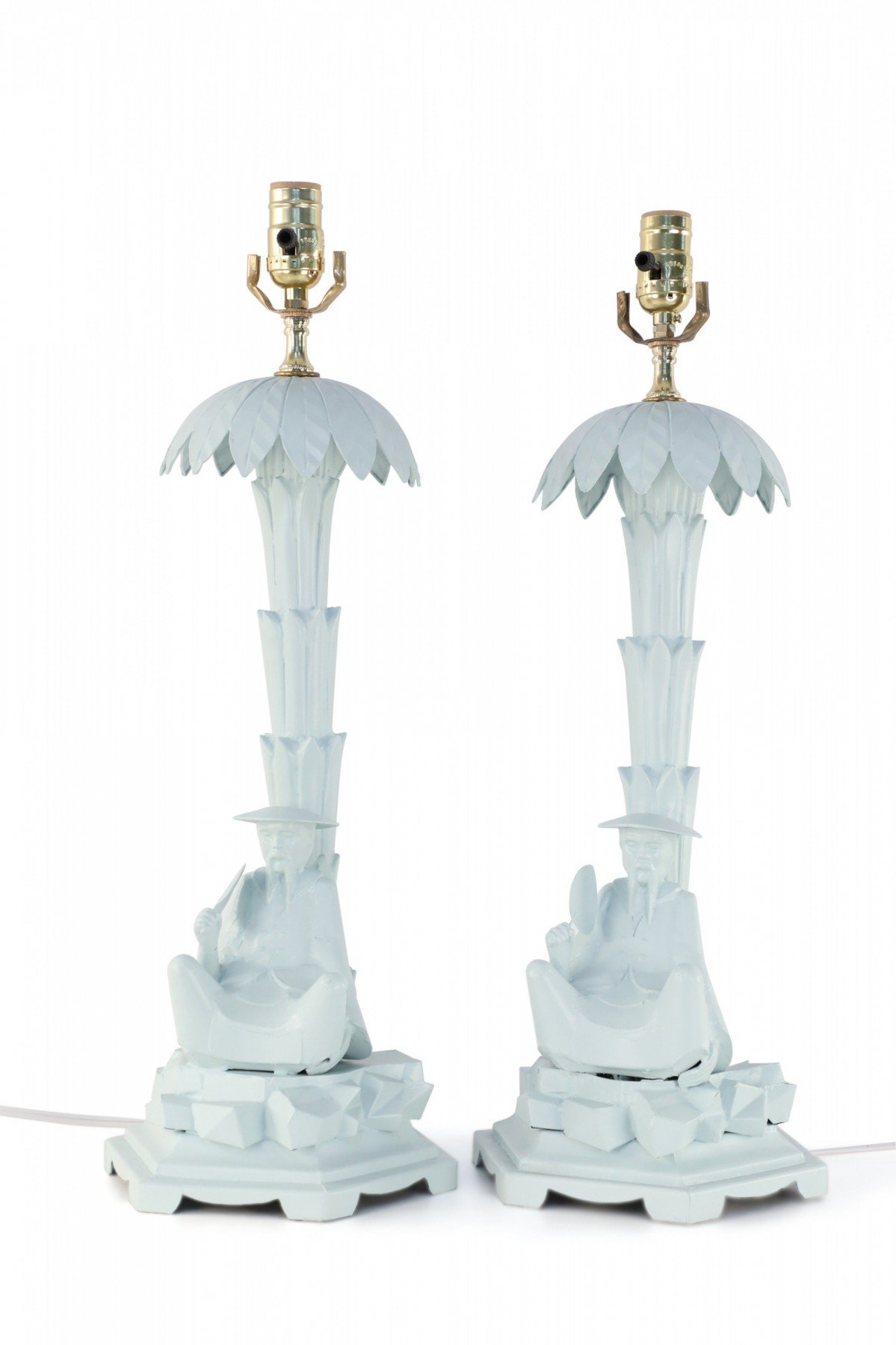 Pair of Chinese Blue Tole Palm Tree and Man Table Lamps