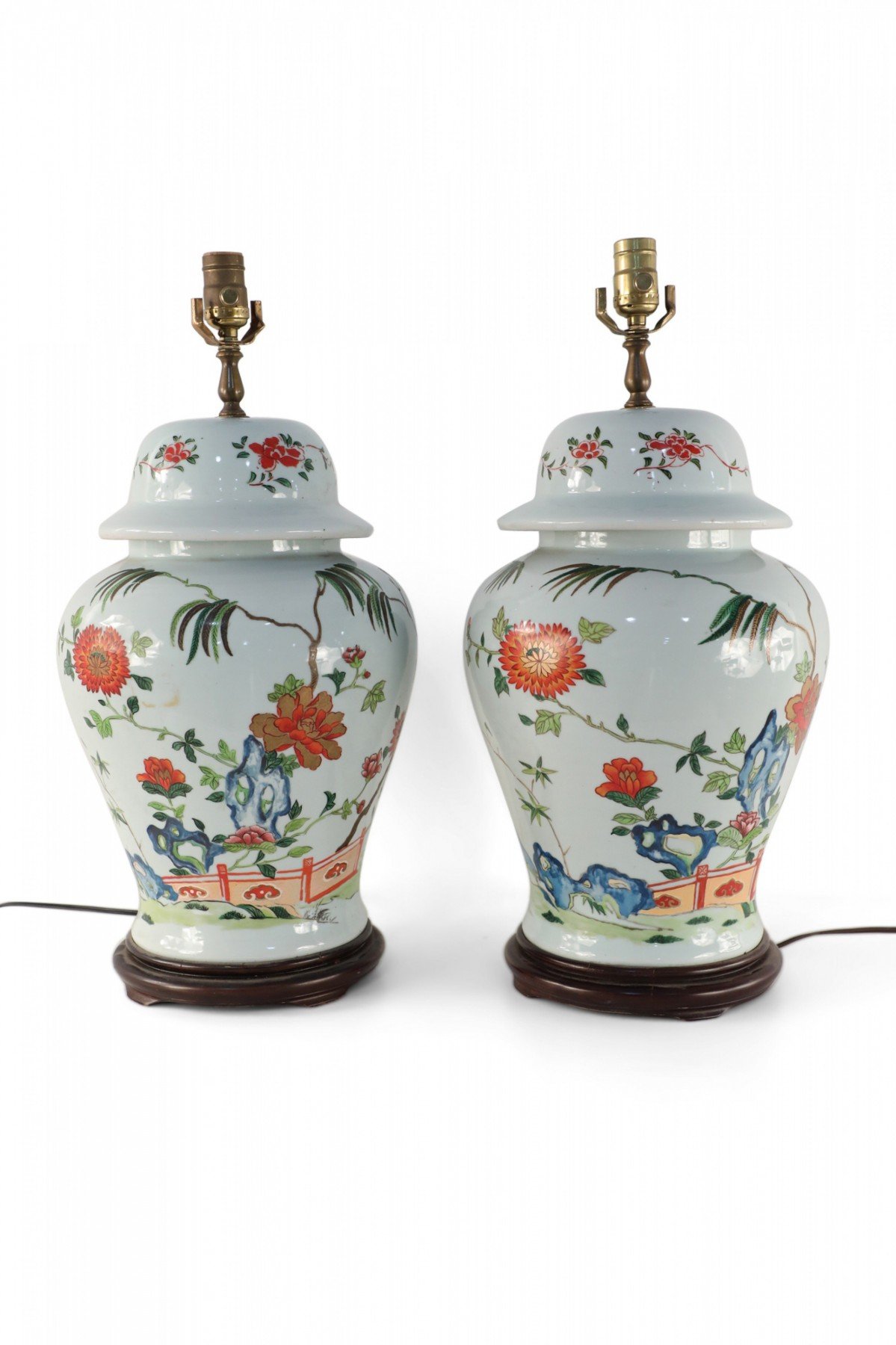 Pair of Chinese Off White Floral and Bamboo Design Table Lamps
