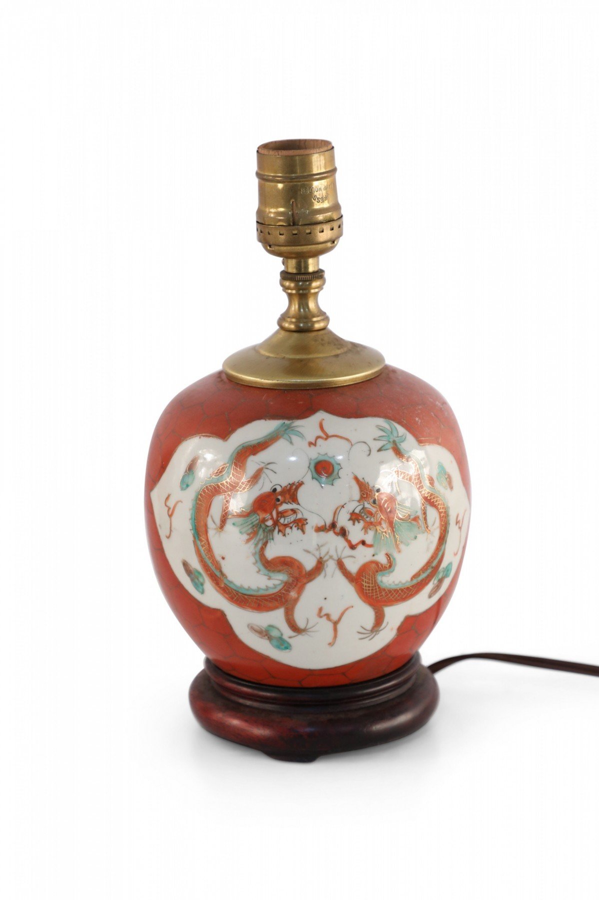 Antique Chinese Orange and White Dragon Motif Ceramic Table Lamp