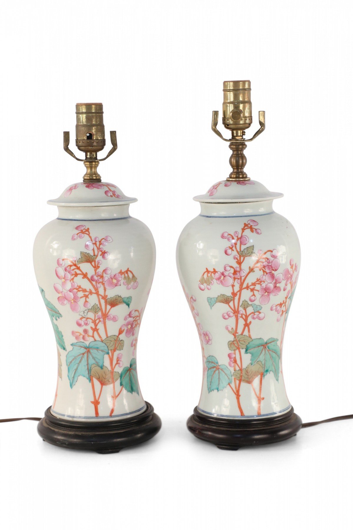 Pair of Chinese Off White Orange and Pink Floral Motif Table Lamps