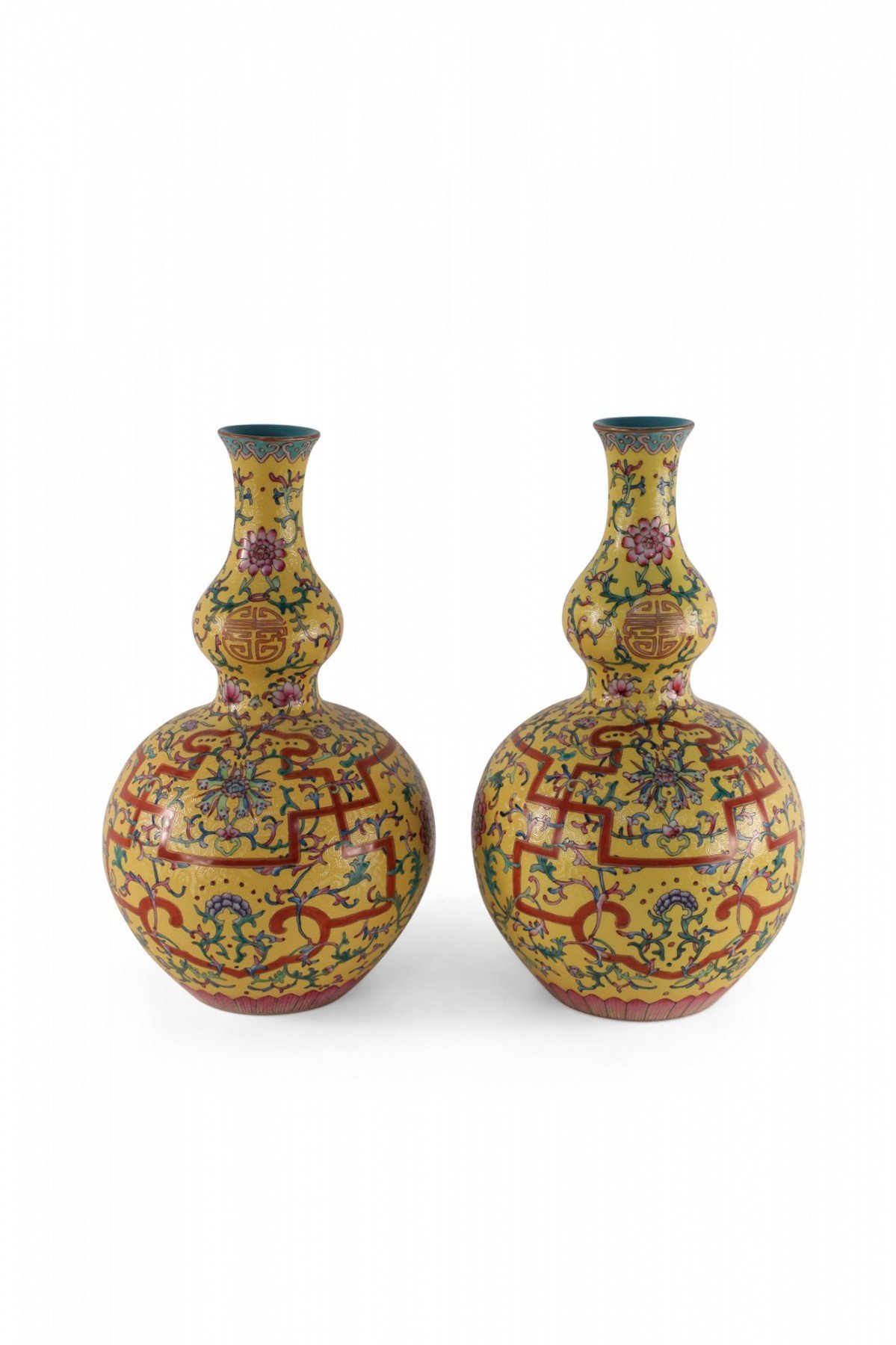 Pair of Chinese Qing Dynasty Style Yellow and Floral Design Double Gourd Vases 