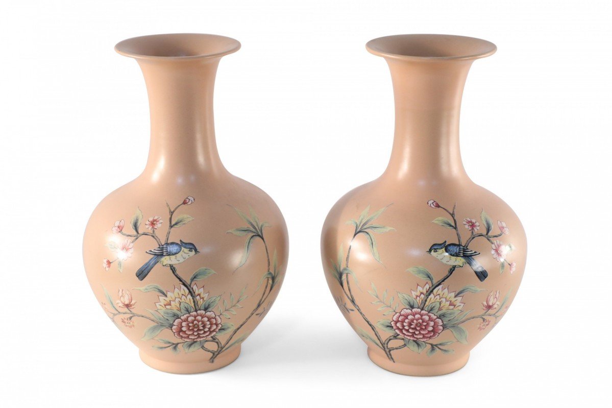 Pair of Chinese Qing Dynasty Peach and Floral Porcelain Vases
