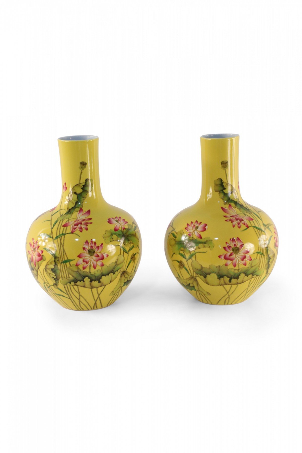 Pair of Chinese Qing Dynasty Style Famille Rose Yellow Vases