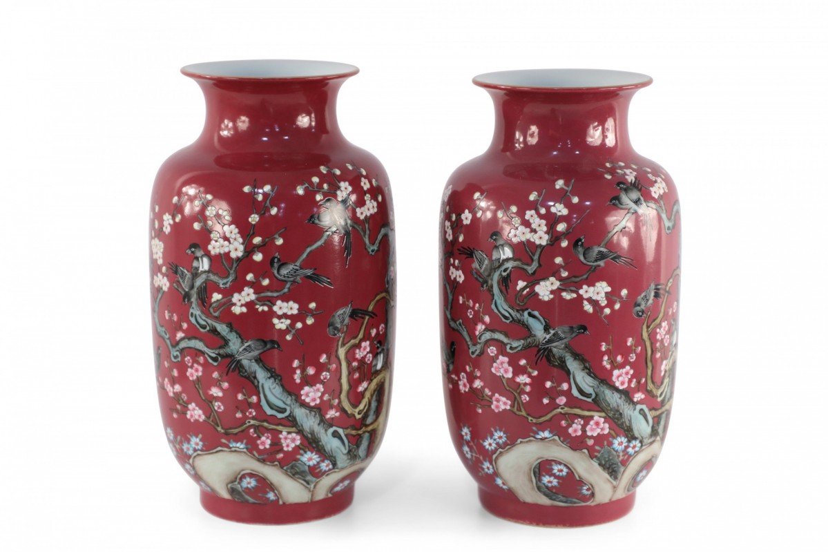 Pair of Chinese Qing Dynasty Style Red and Floral Magpie Motif Sleeve Vases