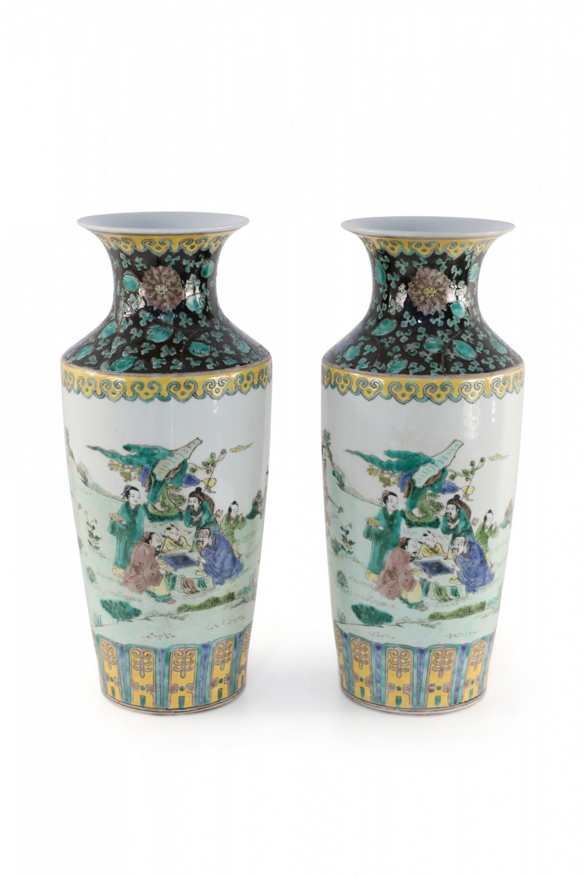 Pair of Chinese Qing Dynasty Style Garden Scene Sleeve Vases
