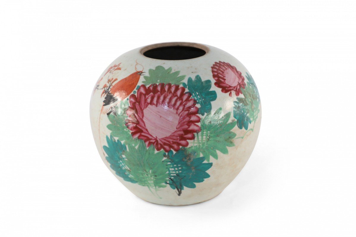 Chinese Cream Floral and Bird Motif Round Porcelain Vase