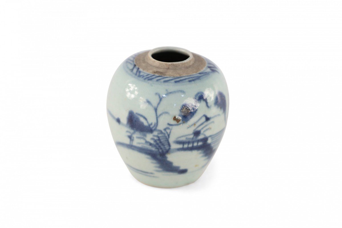 Chinese Off White and Blue Pastoral Scene Porcelain Jar