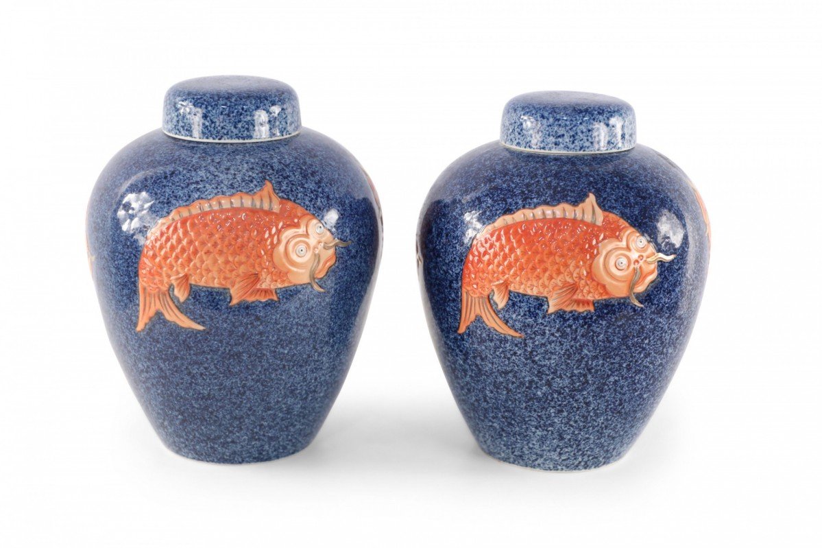 Pair of Chinese Blue and Orange Fish Design Lidded Porcelain Jars