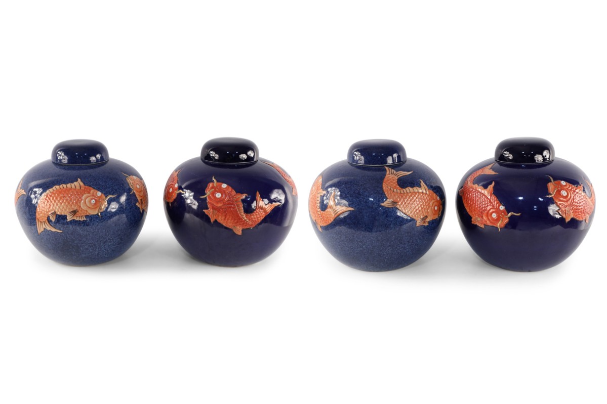 Chinese Blue and Orange Fish Design Round Lidded Porcelain Jars
