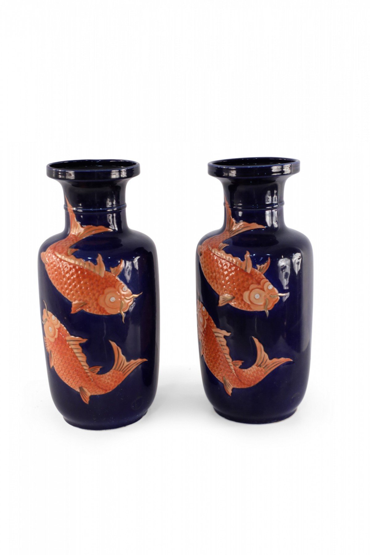 Pair of Chinese Blue and Orange Fish Design Porcelain Sleeve Vases