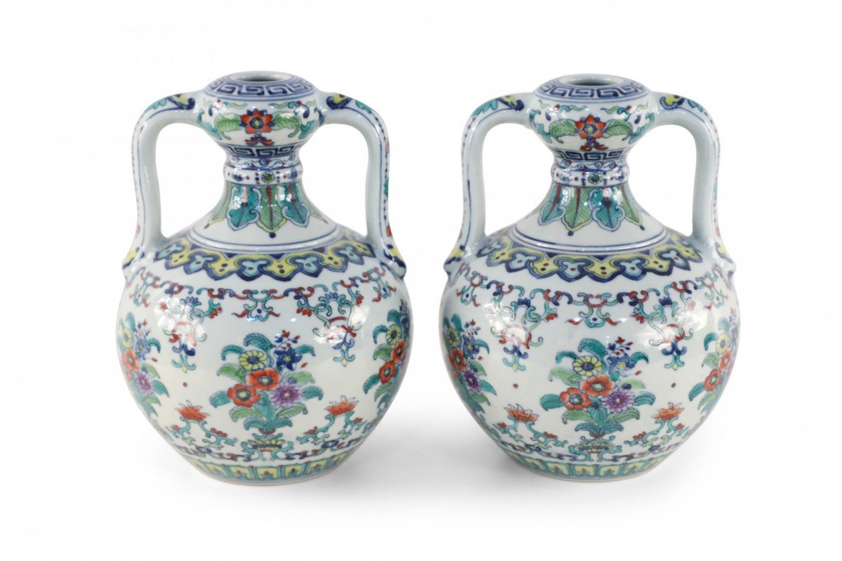 Pair of Chinese Doucai Double Ear Porcelain Vases