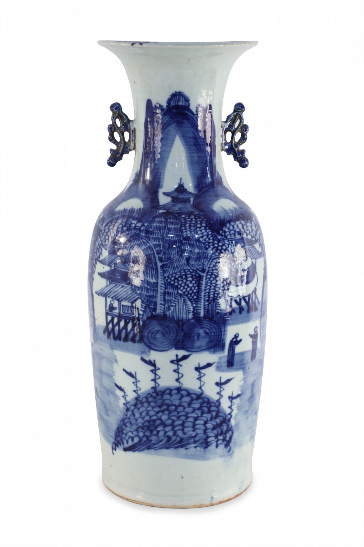Chinese White and Blue Village Scene Porcelain Urn