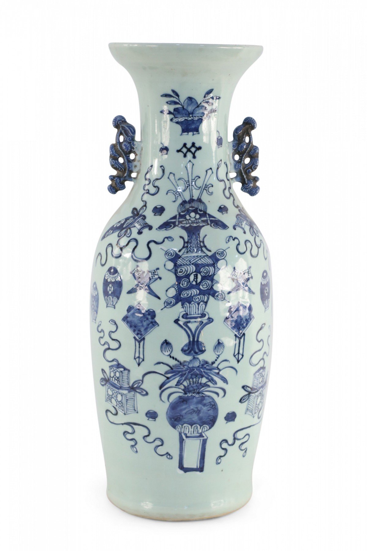 Chinese Off White and Blue Symbol Patterned Porcelain Urn