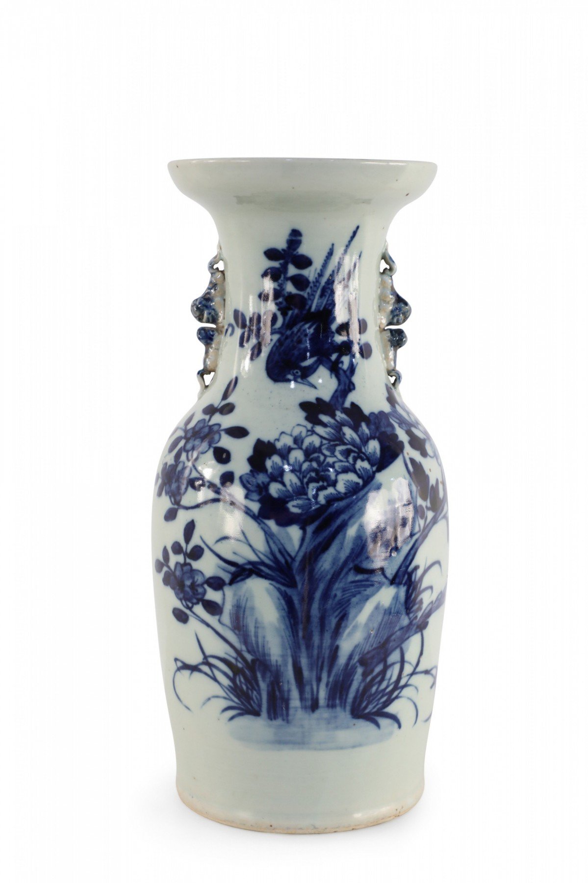Chinese White and Navy Blue Botanical Design Porcelain Urn