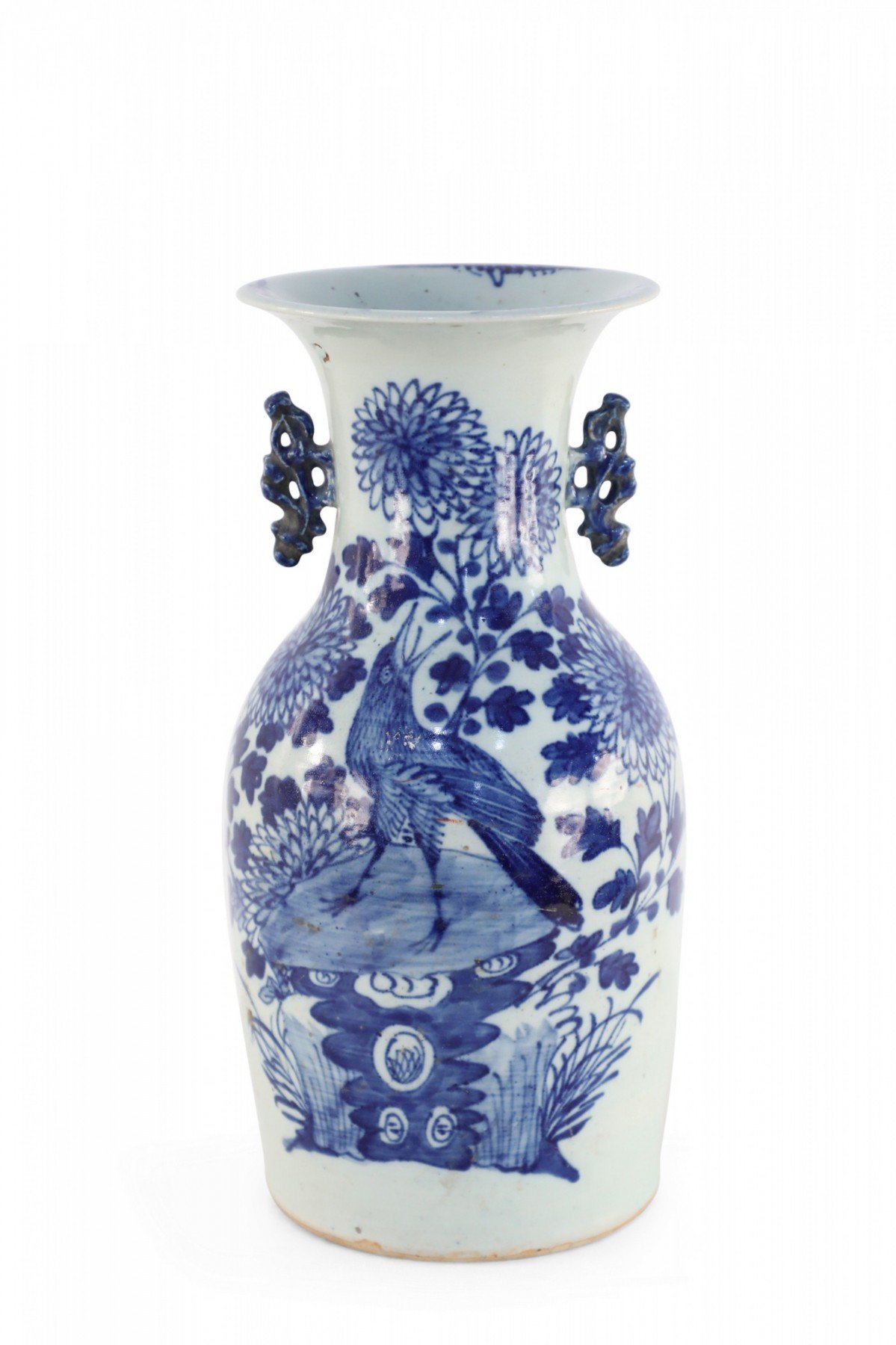 Chinese White and Blue Chrysanthemum and Bird Porcelain Urn