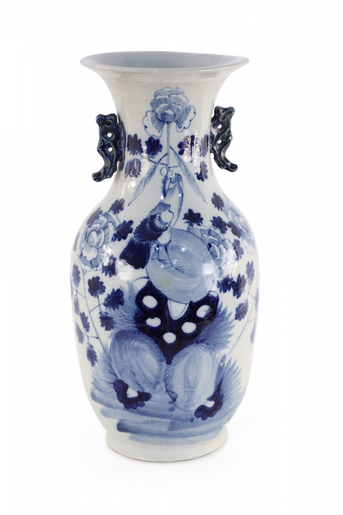 Chinese White and Blue Lily Pad and Floral Design Porcelain Urn