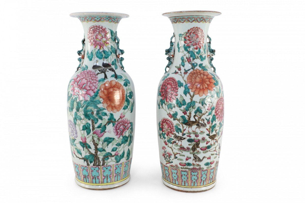 Pair of Chinese Famille Rose Flowering Branch Porcelain Urns