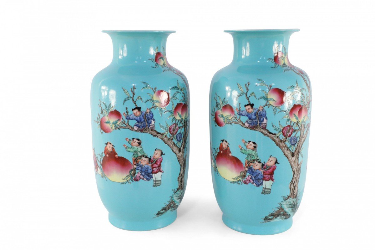 Pair of Chinese Teal Nine Peach Porcelain Vases