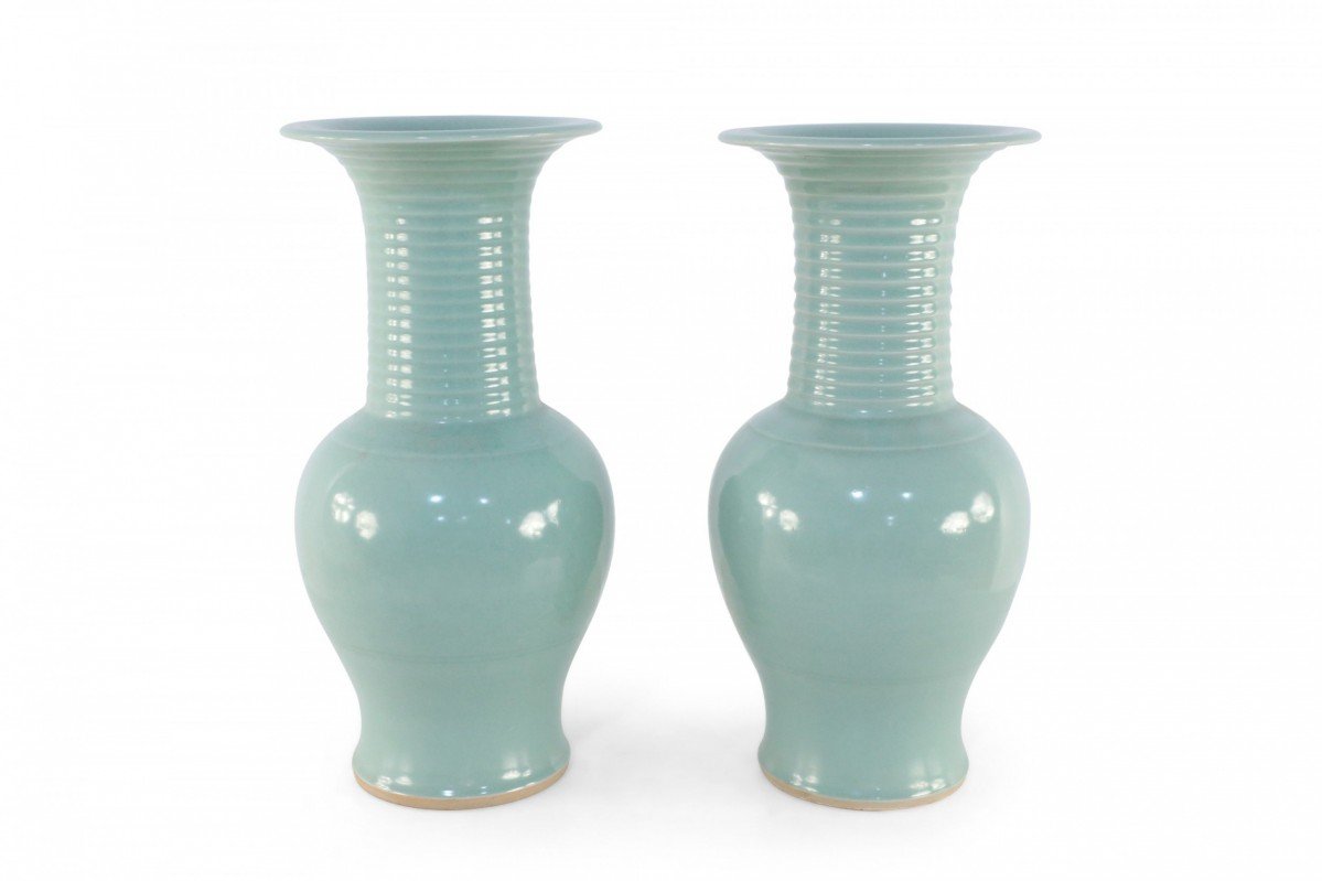 Pair of Chinese Celadon Revolving Pattern Porcelain Urns