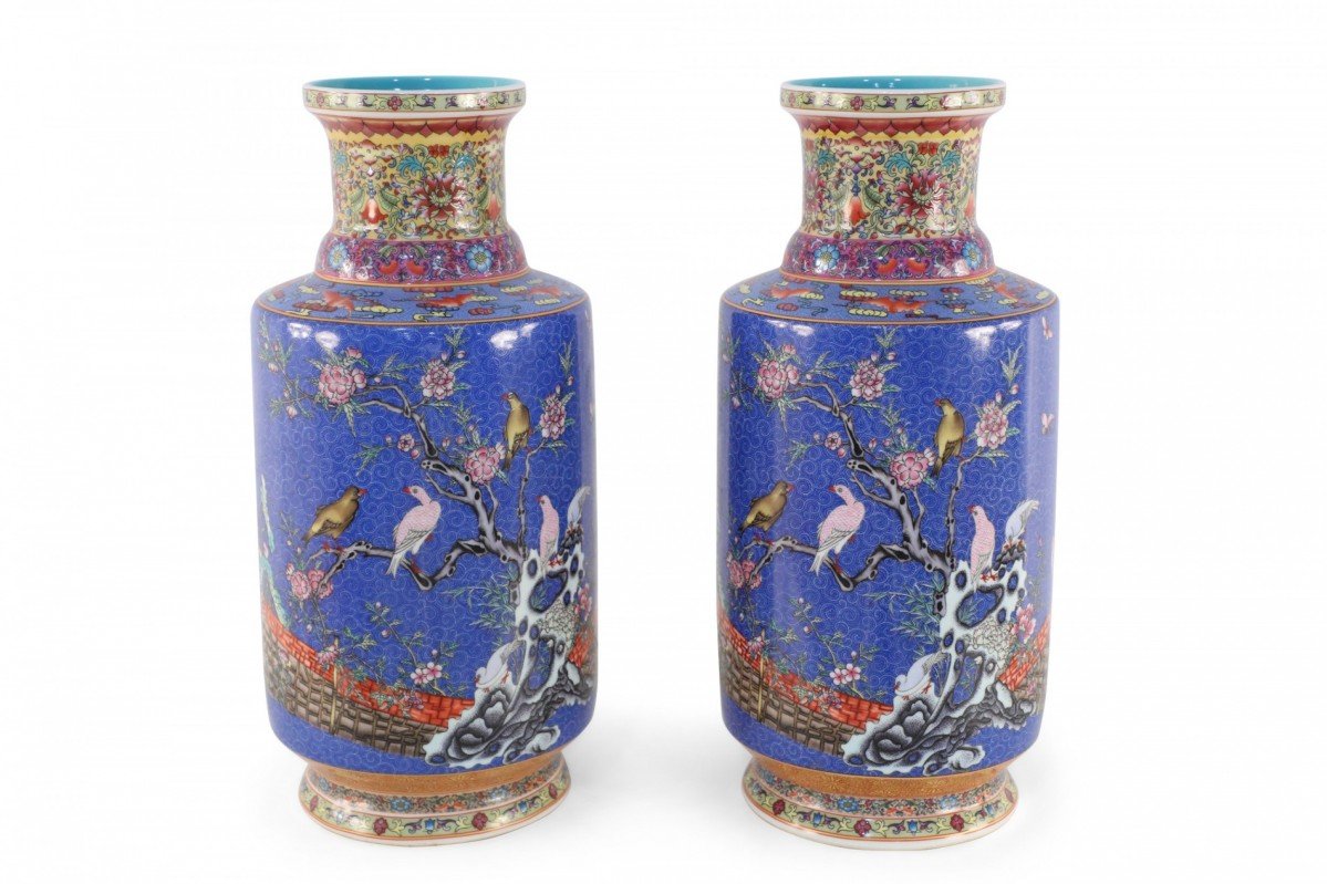 Pair of Chinese Qing Dynasty Style Blue Famille Floral Porcelain Mallet Bottles