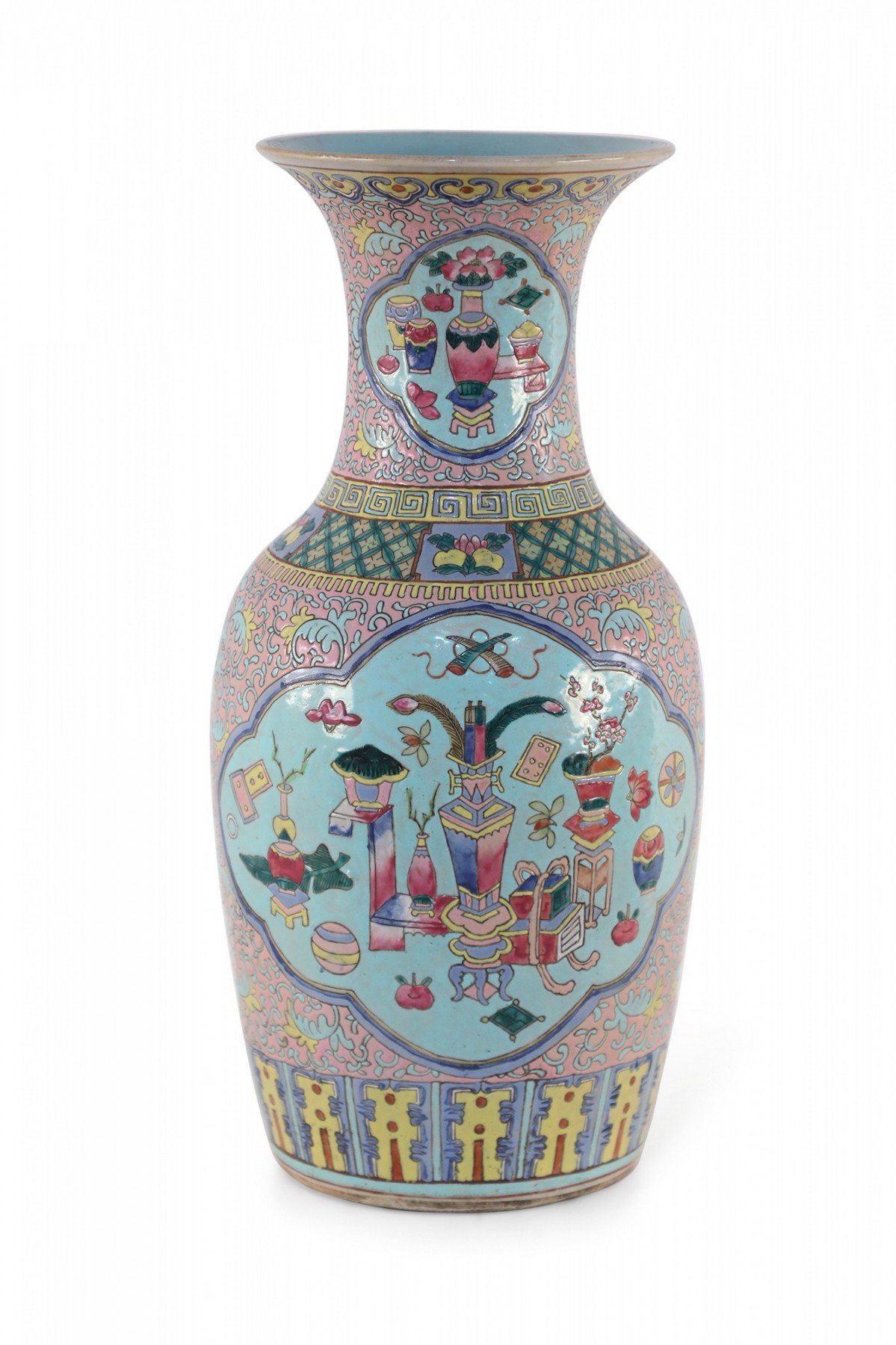 Chinese Pink Floral and Blue Cartouche Porcelain Urn