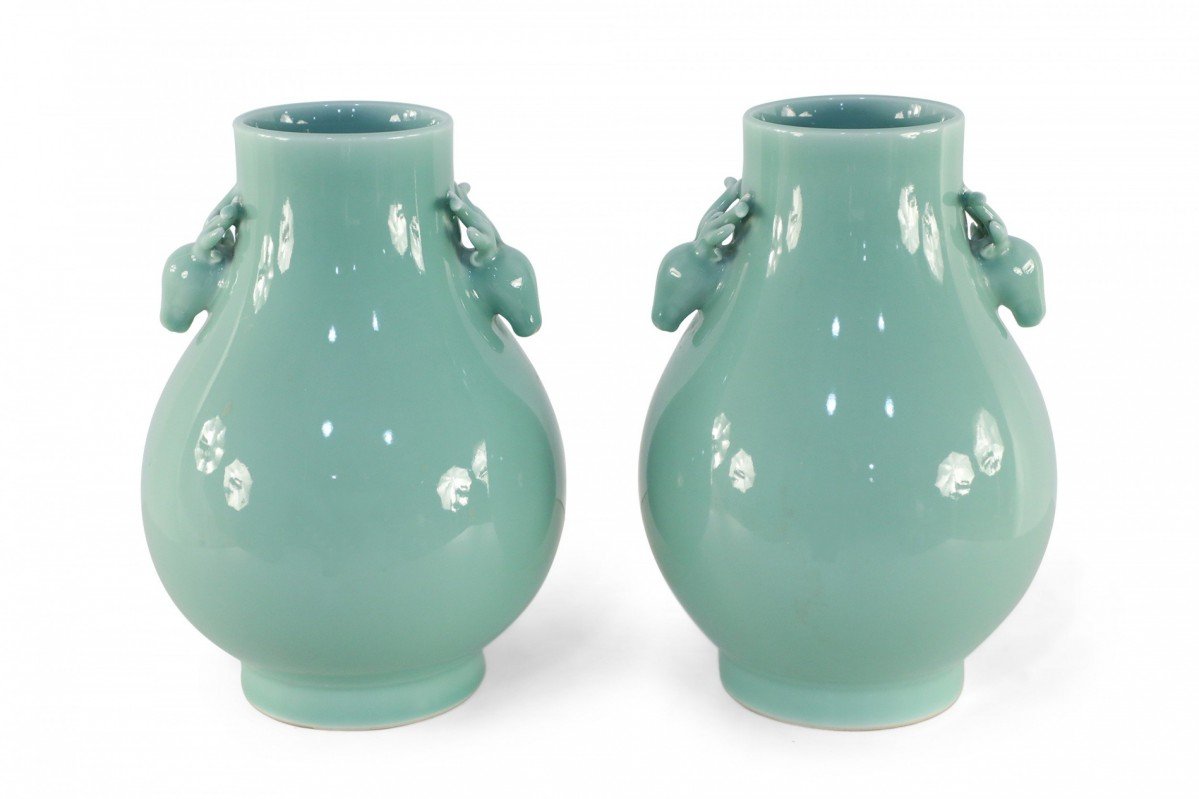 Pair of Chinese Qing Dynasty Style Celadon Pear Shape Porcelain Vases