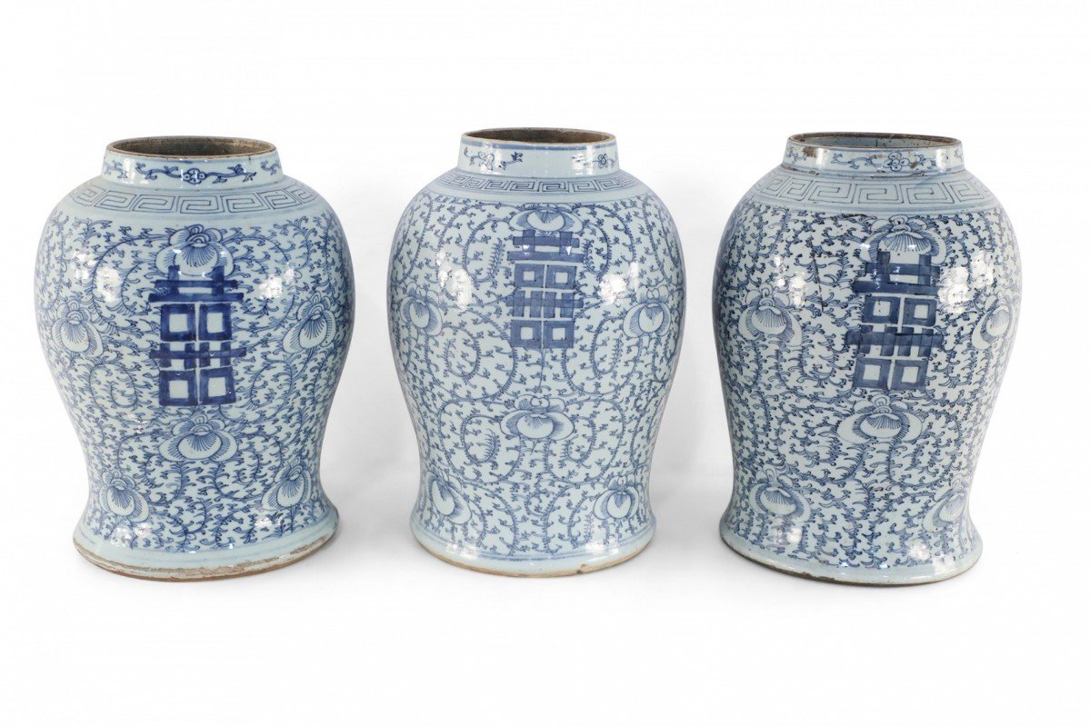 Chinese Off White and Blue Vine Character Porcelain Urn Vases