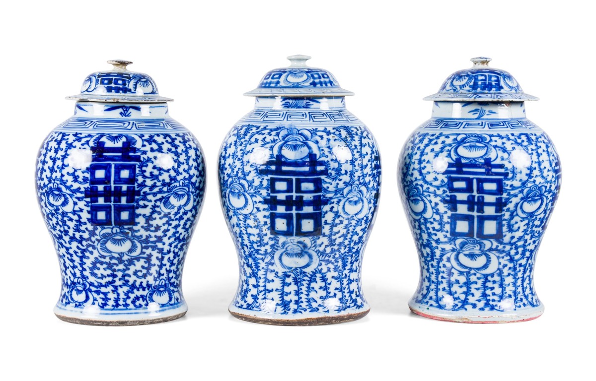 Chinese White and Blue Vine Motif Lidded Porcelain Ginger Jars